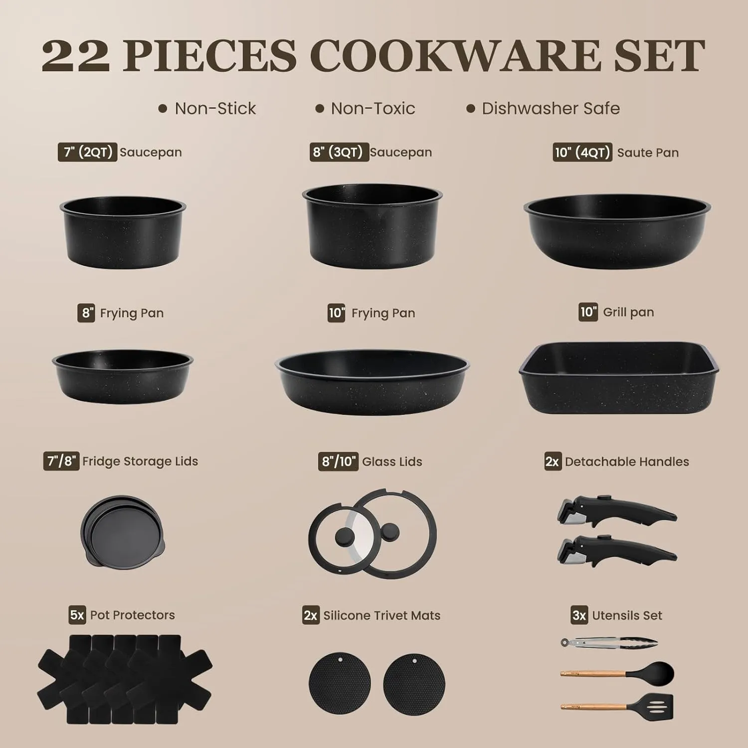 KIKCOIN 22 Pcs Pots and Pans Set Non Stick, Detachable Handle Cookware Sets Nonstick, Non Toxic Induction RV Kitchen Cooking Set with Removable Handles, Dishwasher/Oven Safe (Black)