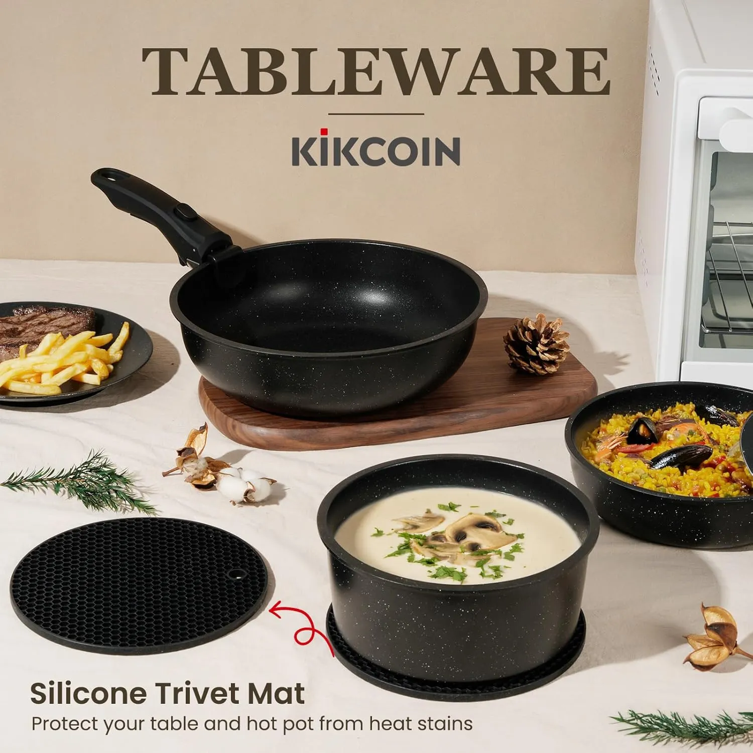 KIKCOIN 22 Pcs Pots and Pans Set Non Stick, Detachable Handle Cookware Sets Nonstick, Non Toxic Induction RV Kitchen Cooking Set with Removable Handles, Dishwasher/Oven Safe (Black)