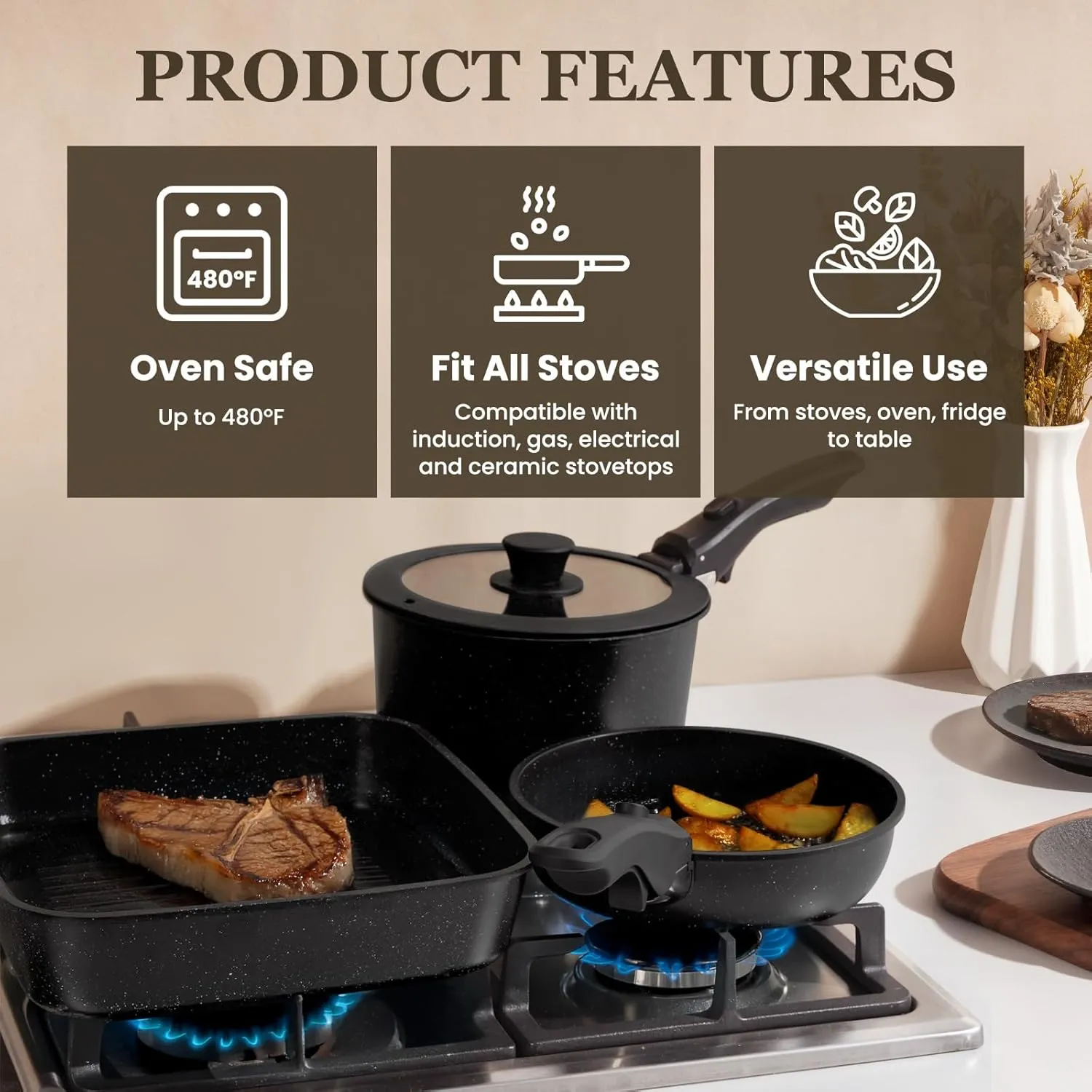 KIKCOIN 22 Pcs Pots and Pans Set Non Stick, Detachable Handle Cookware Sets Nonstick, Non Toxic Induction RV Kitchen Cooking Set with Removable Handles, Dishwasher/Oven Safe (Black)