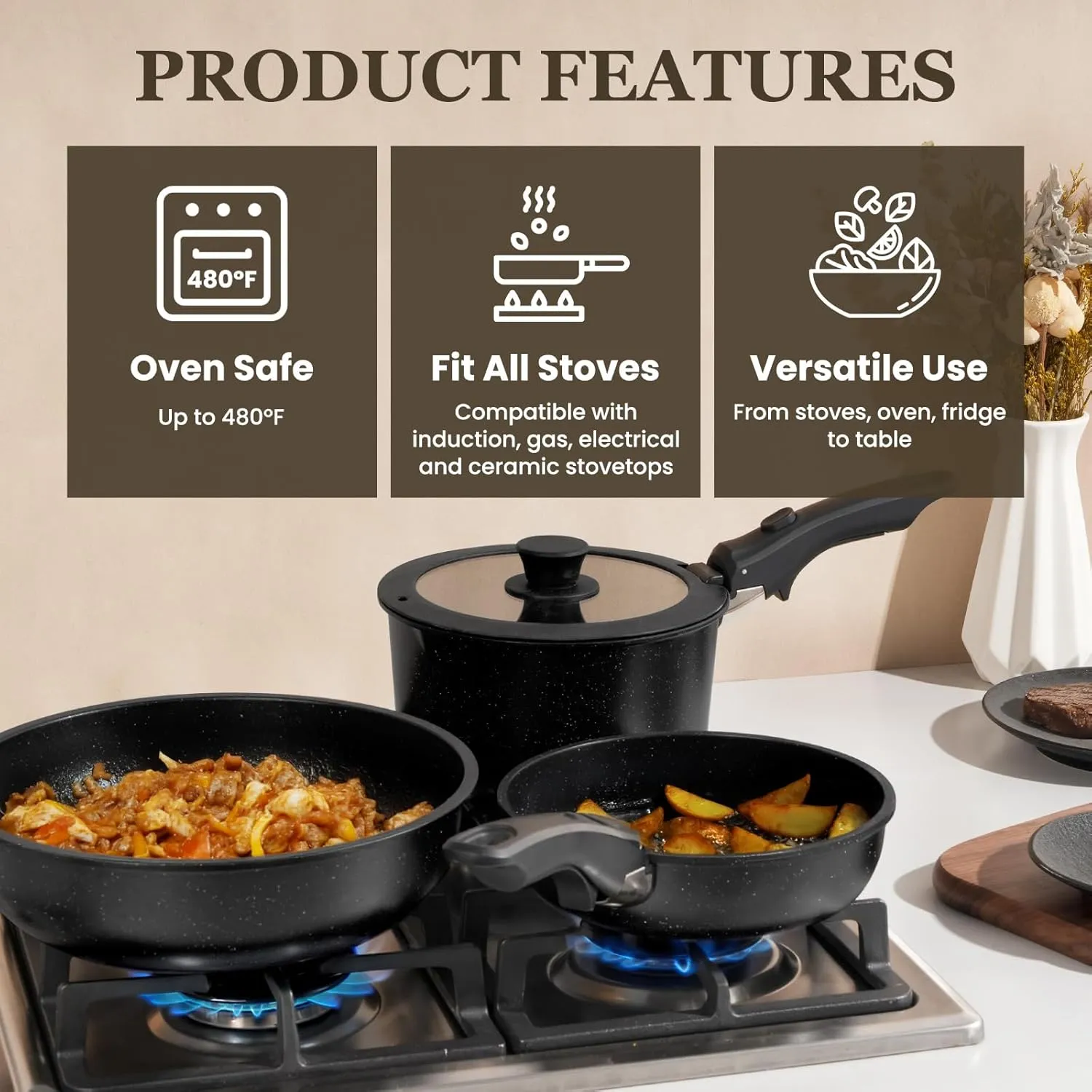 KIKCOIN 24 Pack Pots and Pans Set Non Stick, Detachable Handle Cookware Set, Induction RV Kitchen Cooking Set with Removable Handle, Frying Pans, Egg Pan - Dishwasher/Oven Safe, PFOA Free