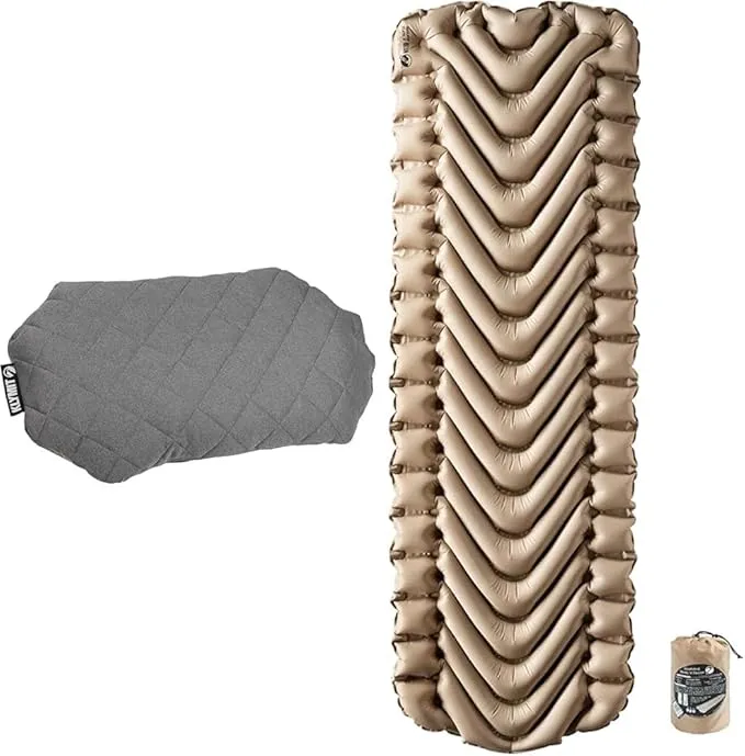 Klymit Luxe Travel Pillow and Insulated Static V Inflatable Sleeping Pad Bundle for Camping and Backpacking