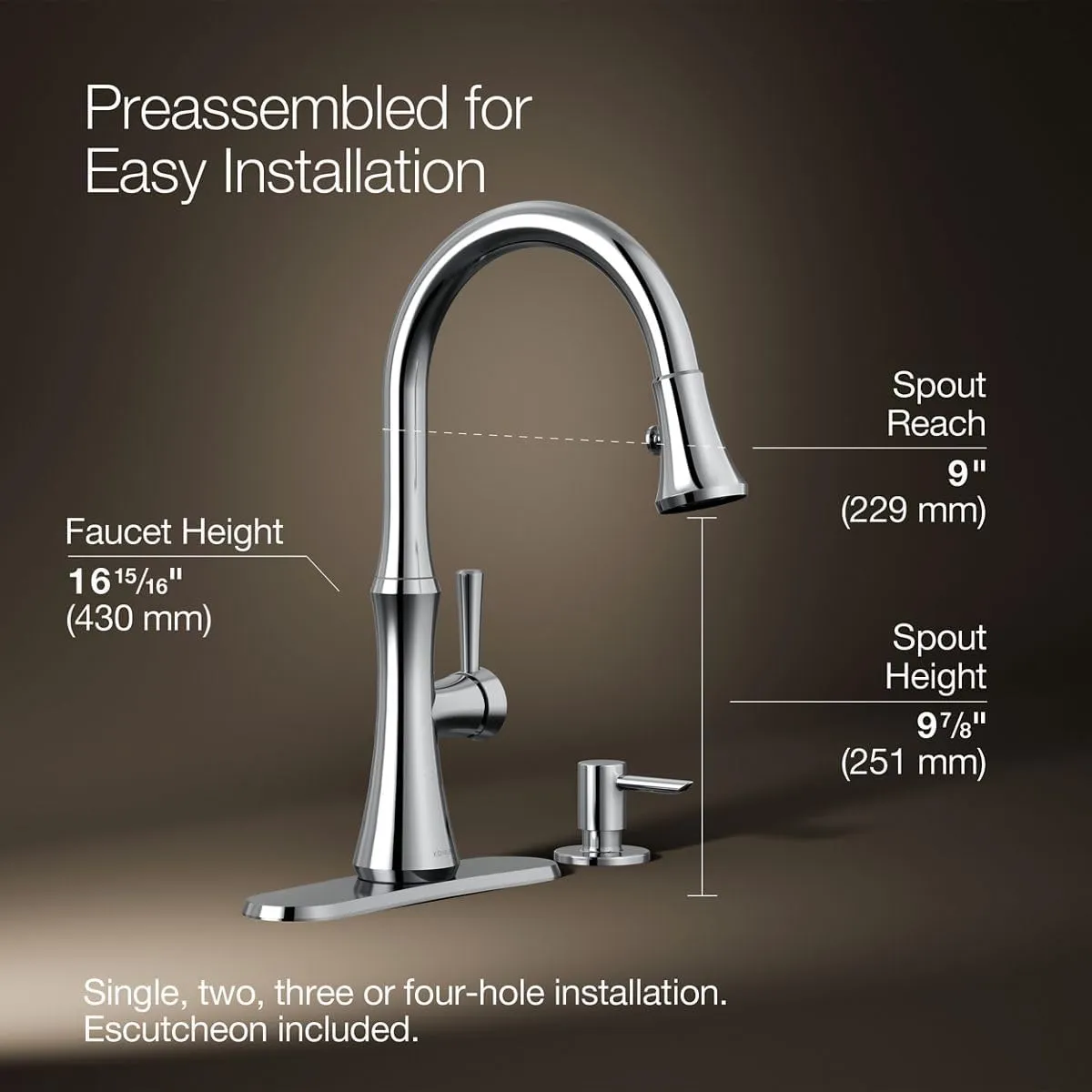 Kohler R28706-SD-CP Kaori Single Handle Kitchen Faucet with Pull Down Sprayer and Soap Dispenser, Polished Chrome