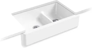 KOHLER Whitehaven 35-11/16 In. x 21-9/16 In. Self-Trimming Smart Divide Undermount Large/Medium Double-Bowl Kitchen Sink with Tall Apron, White