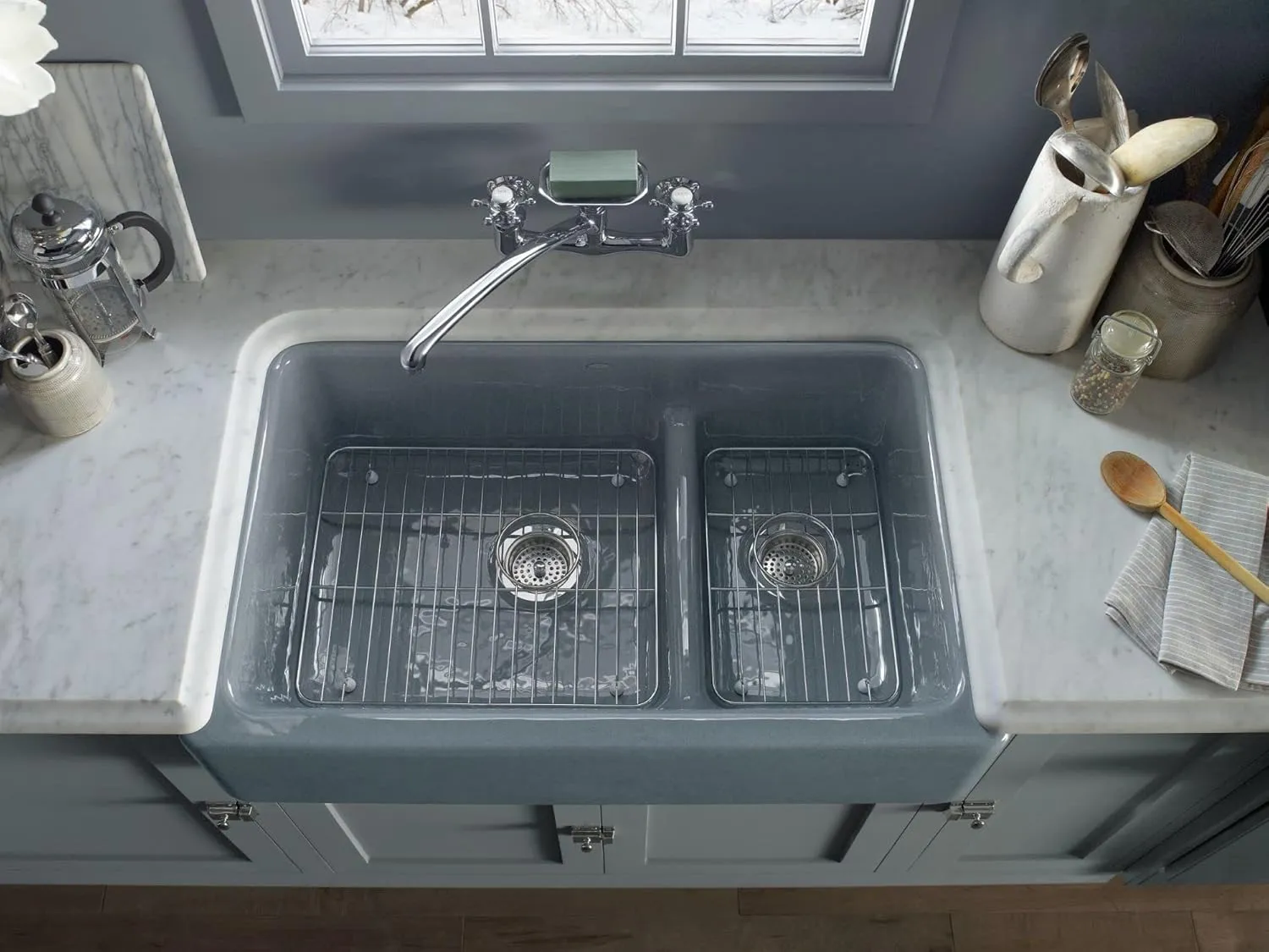 KOHLER Whitehaven 35-11/16 In. x 21-9/16 In. Self-Trimming Smart Divide Undermount Large/Medium Double-Bowl Kitchen Sink with Tall Apron, White