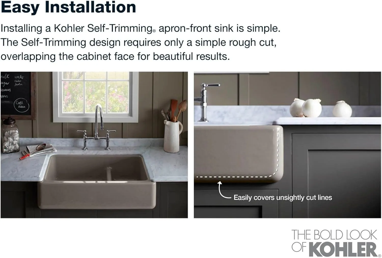 KOHLER Whitehaven 35-11/16 In. x 21-9/16 In. Self-Trimming Smart Divide Undermount Large/Medium Double-Bowl Kitchen Sink with Tall Apron, White