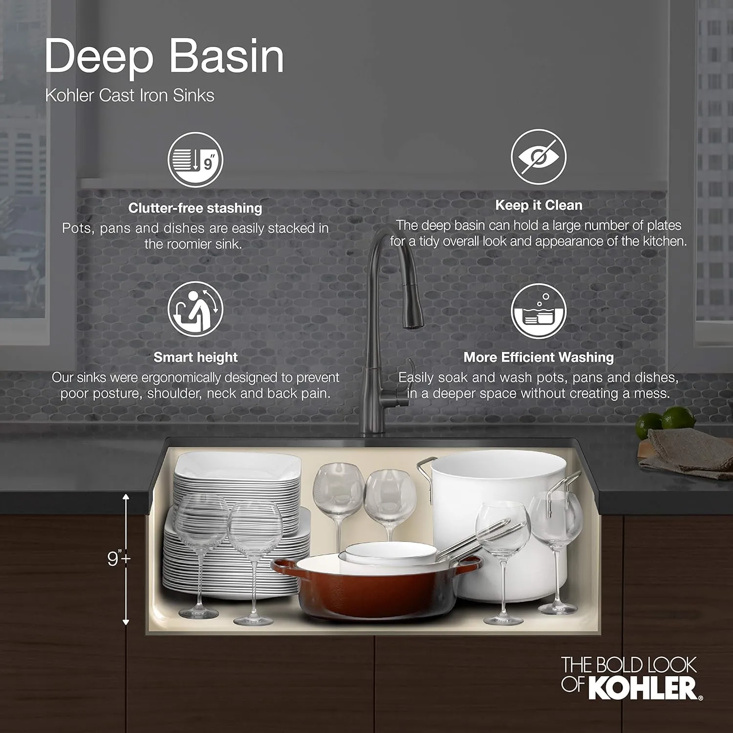 KOHLER Whitehaven 35-11/16 In. x 21-9/16 In. Self-Trimming Smart Divide Undermount Large/Medium Double-Bowl Kitchen Sink with Tall Apron, White