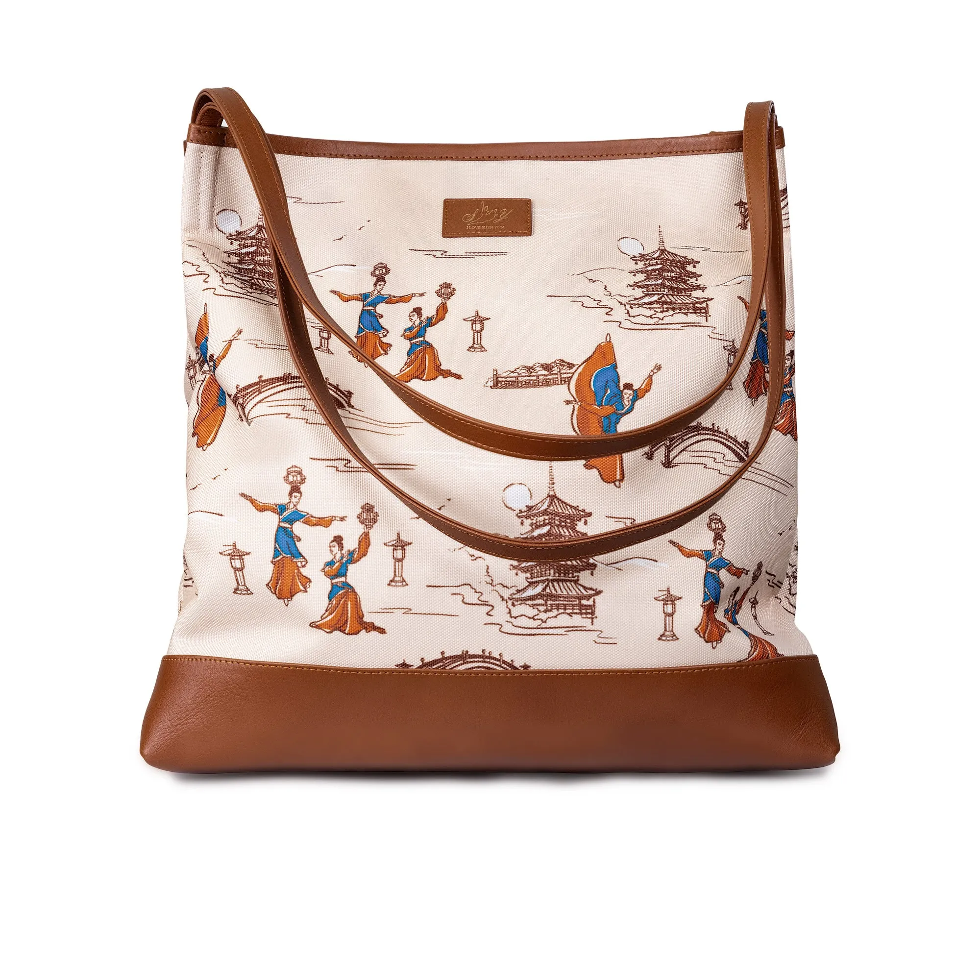 Lantern Grace Tote Bag with Leather Handle  Beige