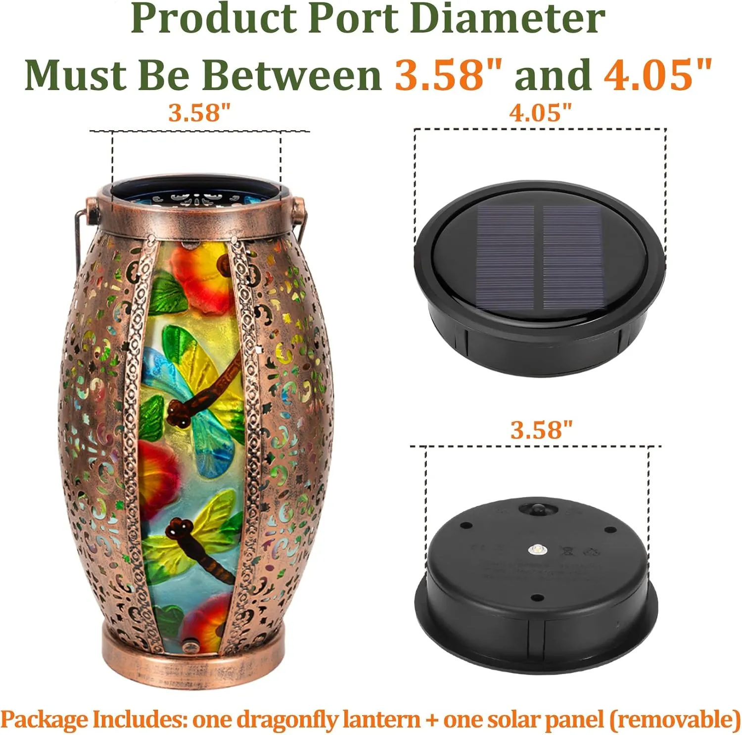 Large Dragonfly Solar Lantern with Removable Solar Panel, Glass & Metal Hanging Lantern with Warm LED Waterproof , Decorative Outdoor Garden Light 7" W x 15.3" H