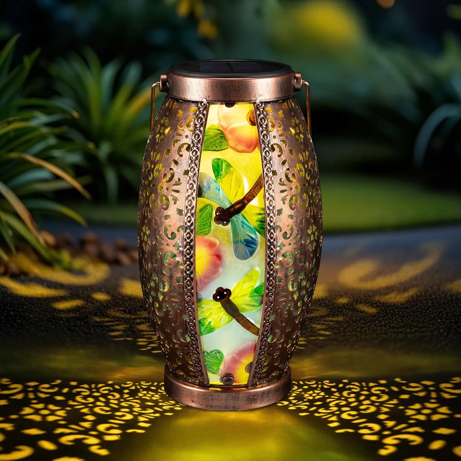Large Dragonfly Solar Lantern with Removable Solar Panel, Glass & Metal Hanging Lantern with Warm LED Waterproof , Decorative Outdoor Garden Light 7" W x 15.3" H