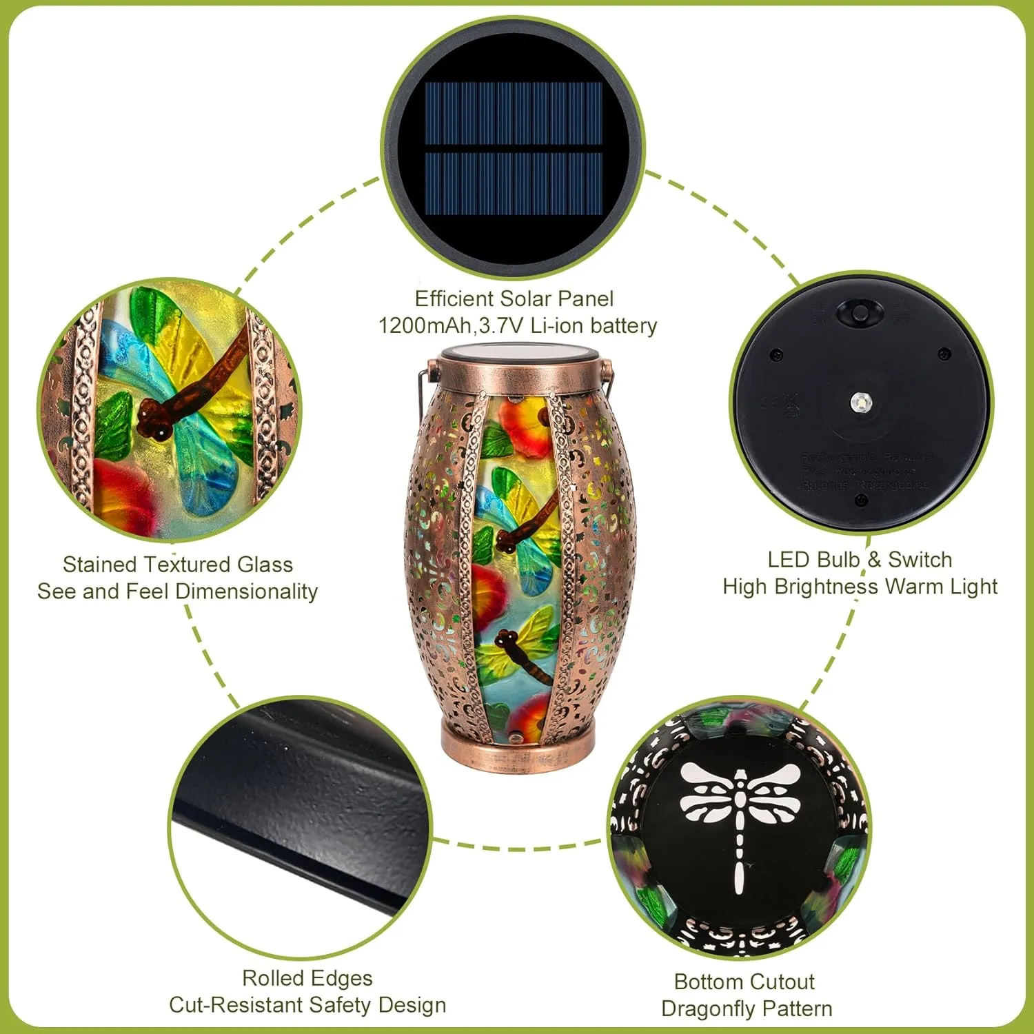 Large Dragonfly Solar Lantern with Removable Solar Panel, Glass & Metal Hanging Lantern with Warm LED Waterproof , Decorative Outdoor Garden Light 7" W x 15.3" H
