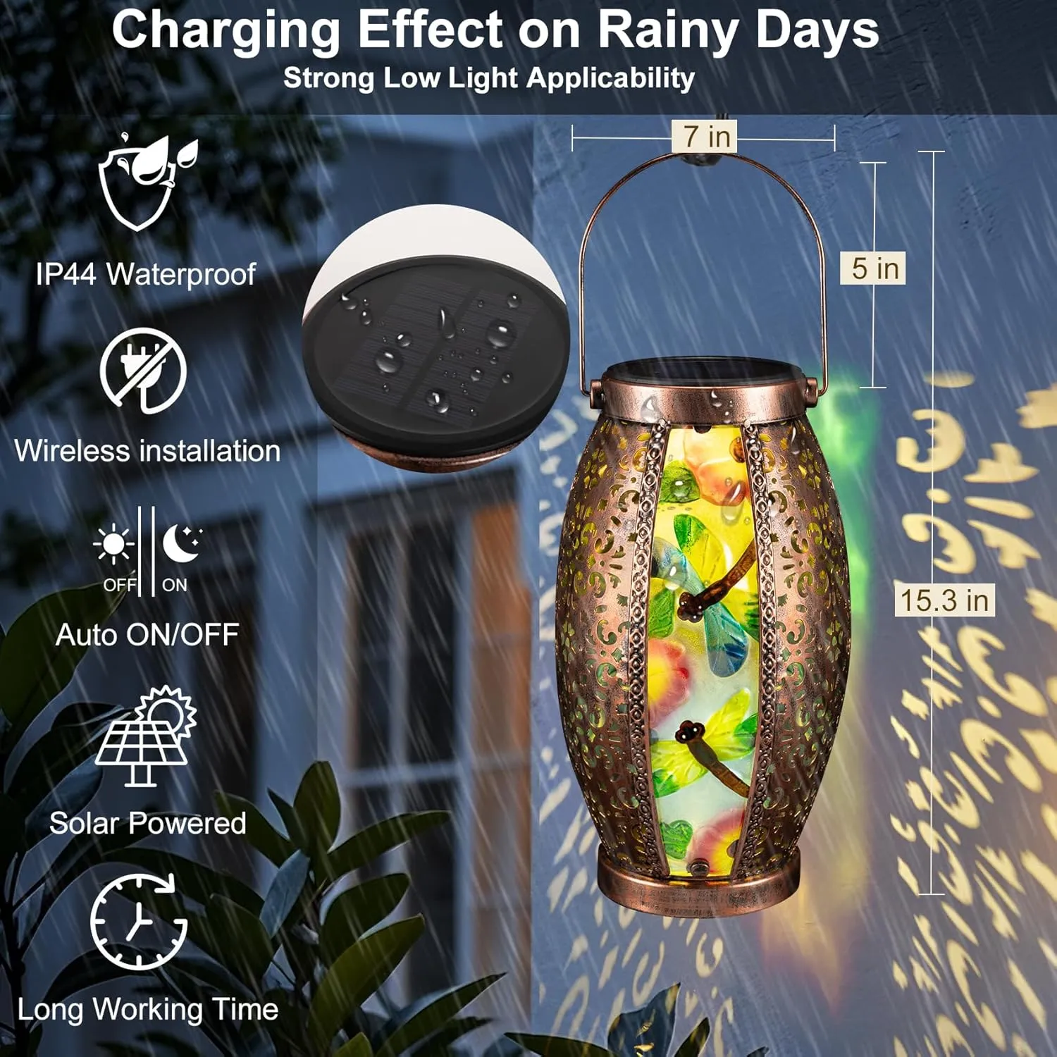 Large Dragonfly Solar Lantern with Removable Solar Panel, Glass & Metal Hanging Lantern with Warm LED Waterproof , Decorative Outdoor Garden Light 7" W x 15.3" H