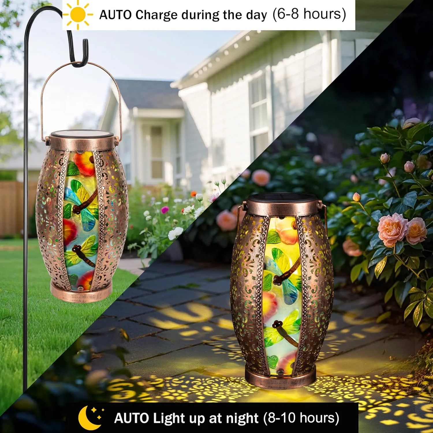 Large Dragonfly Solar Lantern with Removable Solar Panel, Glass & Metal Hanging Lantern with Warm LED Waterproof , Decorative Outdoor Garden Light 7" W x 15.3" H