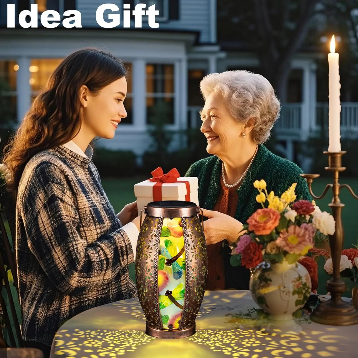 Large Dragonfly Solar Lantern with Removable Solar Panel, Glass & Metal Hanging Lantern with Warm LED Waterproof , Decorative Outdoor Garden Light 7" W x 15.3" H