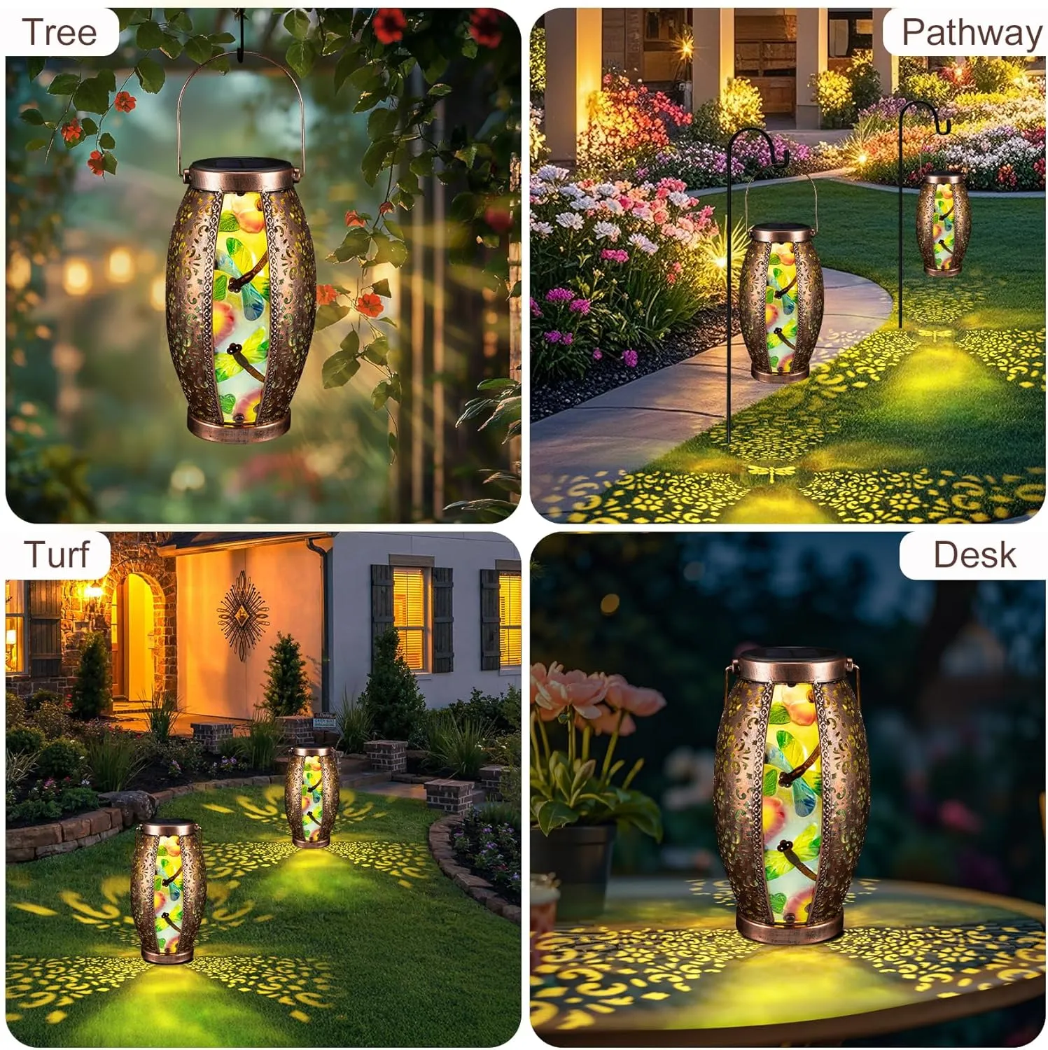 Large Dragonfly Solar Lantern with Removable Solar Panel, Glass & Metal Hanging Lantern with Warm LED Waterproof , Decorative Outdoor Garden Light 7" W x 15.3" H