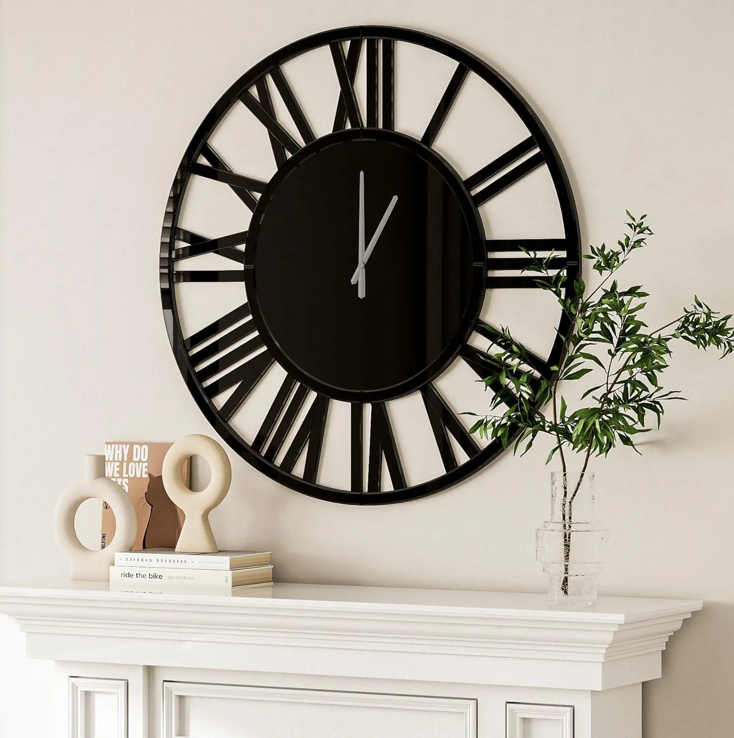Large Wall Clock - 18" Modern Black Mirror Finish Wall Clock with Roman Numerals, Decorative Wall Clocks for Living Room, Bedroom, Office - Easy to Hang, Silent Non-Ticking