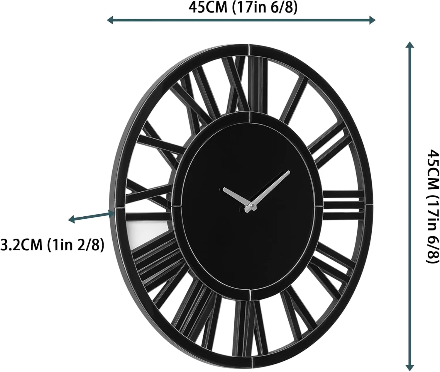 Large Wall Clock - 18" Modern Black Mirror Finish Wall Clock with Roman Numerals, Decorative Wall Clocks for Living Room, Bedroom, Office - Easy to Hang, Silent Non-Ticking