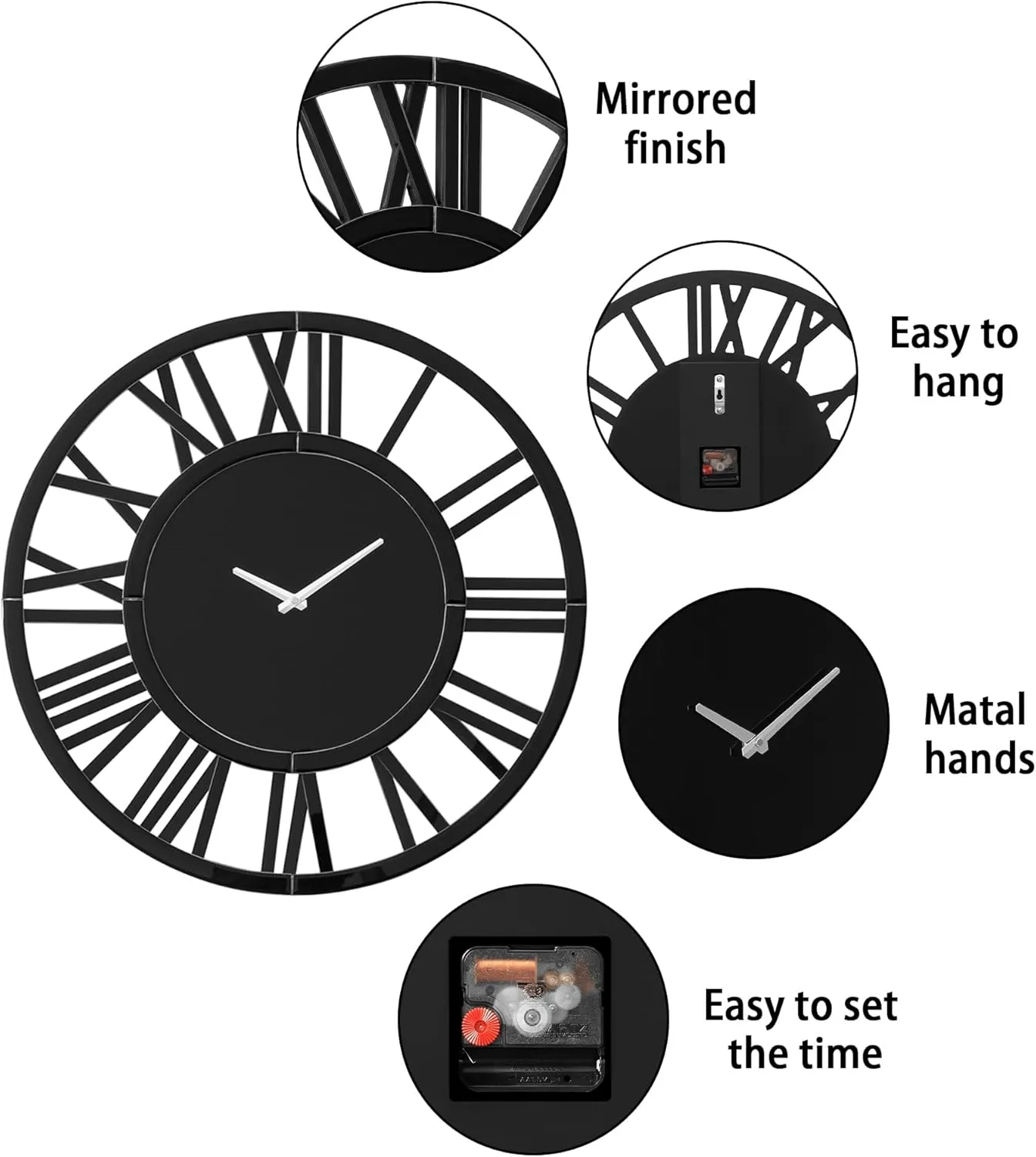 Large Wall Clock - 18" Modern Black Mirror Finish Wall Clock with Roman Numerals, Decorative Wall Clocks for Living Room, Bedroom, Office - Easy to Hang, Silent Non-Ticking