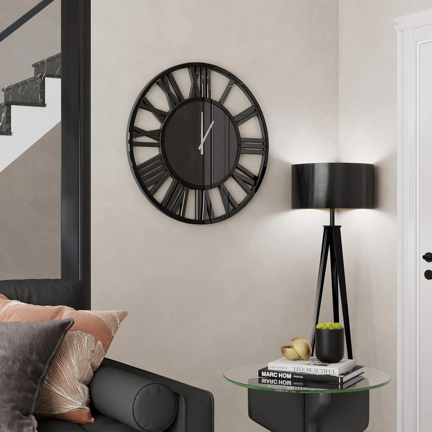 Large Wall Clock - 18" Modern Black Mirror Finish Wall Clock with Roman Numerals, Decorative Wall Clocks for Living Room, Bedroom, Office - Easy to Hang, Silent Non-Ticking