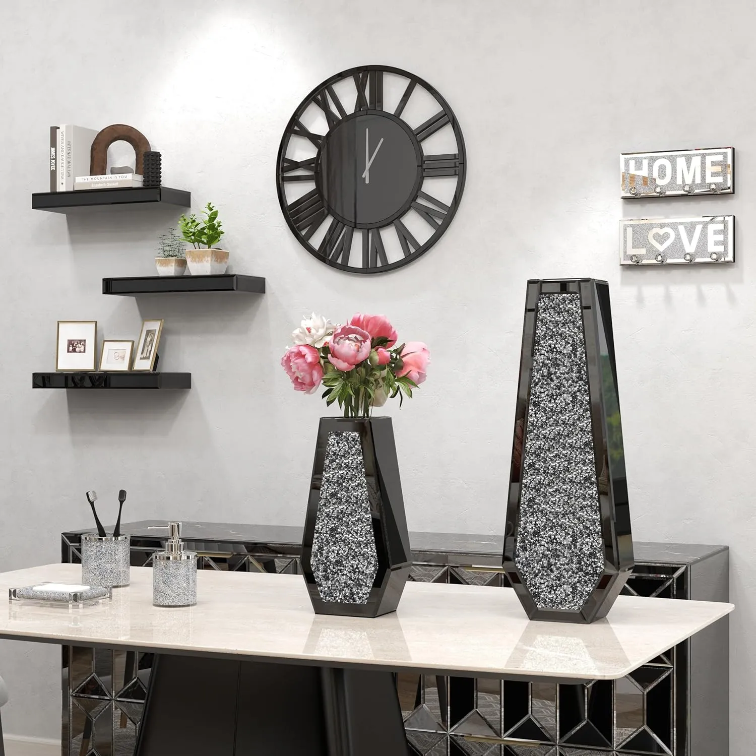 Large Wall Clock - 18" Modern Black Mirror Finish Wall Clock with Roman Numerals, Decorative Wall Clocks for Living Room, Bedroom, Office - Easy to Hang, Silent Non-Ticking