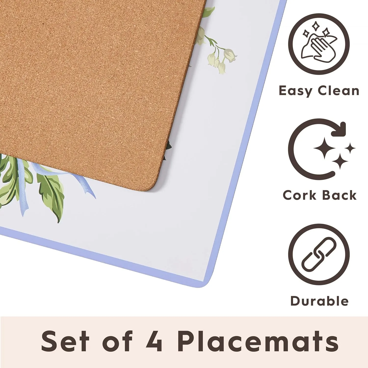 Laura Ashley Cork Placemats 16 x 12-inch for Kitchen and Dining Tables, Heat Resistant, Durable, Easy Clean, Set of 4, Lily of The Valley