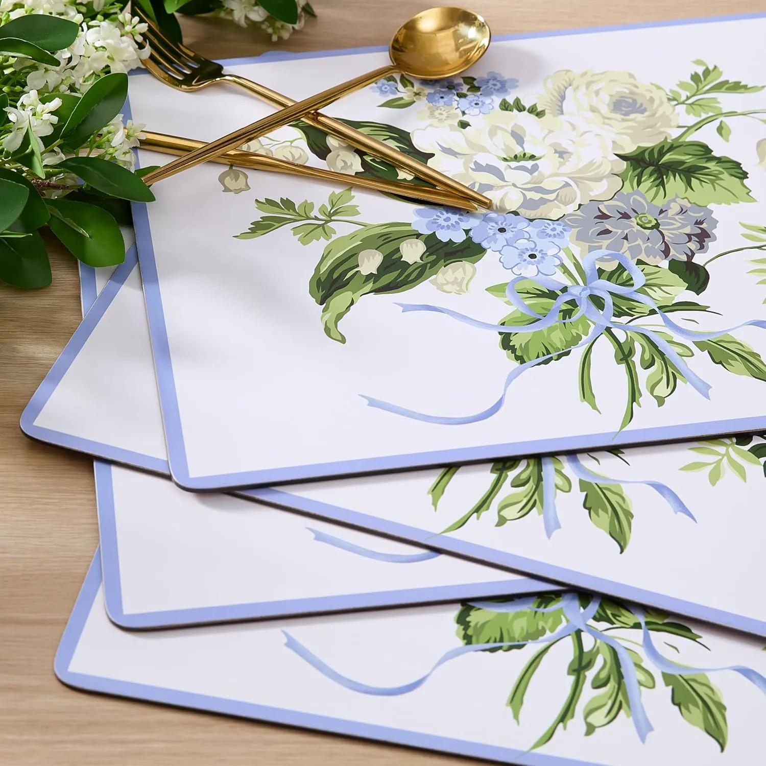 Laura Ashley Cork Placemats 16 x 12-inch for Kitchen and Dining Tables, Heat Resistant, Durable, Easy Clean, Set of 4, Lily of The Valley
