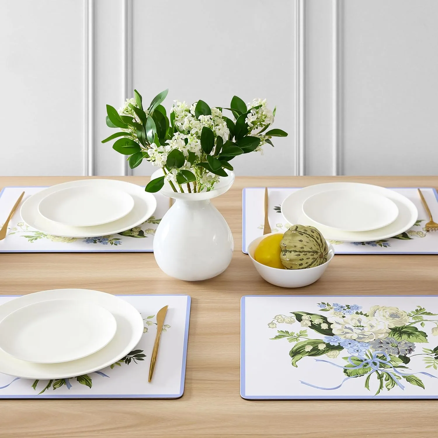 Laura Ashley Cork Placemats 16 x 12-inch for Kitchen and Dining Tables, Heat Resistant, Durable, Easy Clean, Set of 4, Lily of The Valley