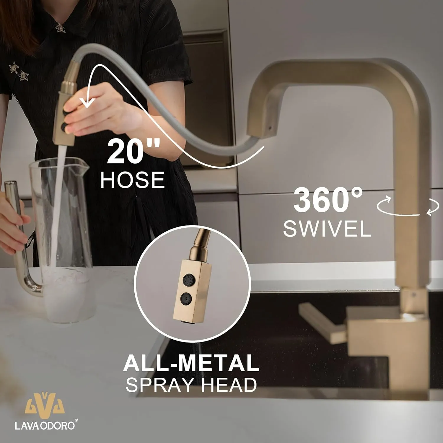 Lava Odoro Champagne Gold Kitchen Faucet with Pull Down Sprayer, Bronze Gold Single Handle Kitchen Sink Faucet, 1 Hole Faucet for Kitchen Sink with Magnetic Docking Spray Head and Deck Plate KF182-CB