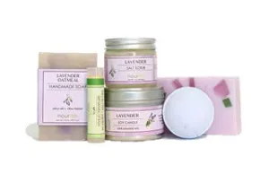 Lavender Small Gift Set | 2 Bars of Soap, 3 oz Shea Butter Salt Scrub, Soy Candle, Shea Butter Bath Bomb and a Nourish Lip Balm all in a ready to gift Nourish package