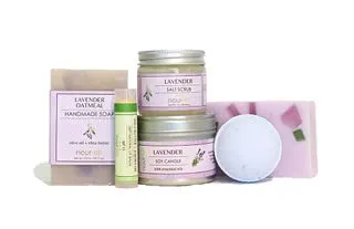 Lavender Small Gift Set | 2 Bars of Soap, 3 oz Shea Butter Salt Scrub, Soy Candle, Shea Butter Bath Bomb and a Nourish Lip Balm all in a ready to gift Nourish package