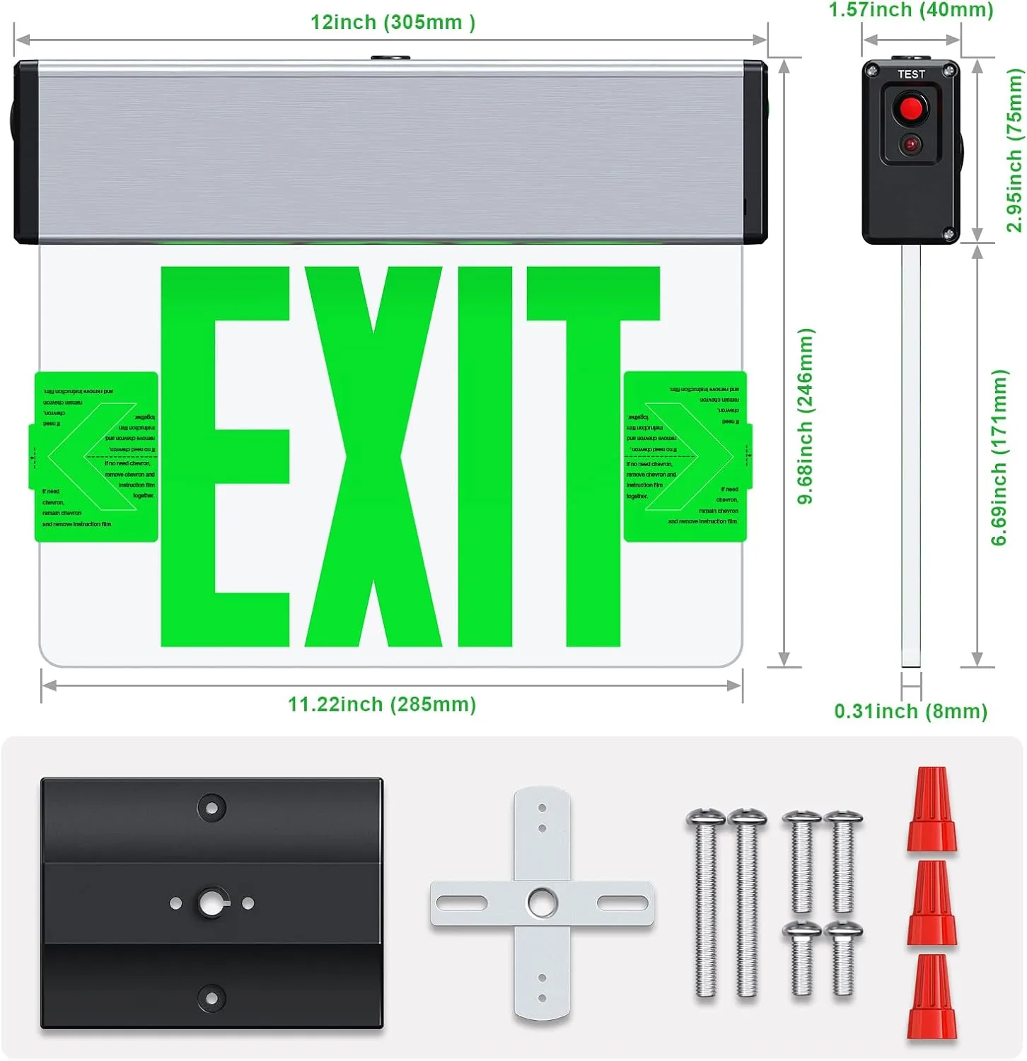 LED Edge Lit Exit Sign Aluminum Housing AC 120-347V Emergency Exit Light with Battery Backup Double Sided Acrylic Mirror Panel Commercial Exit Signs, Top/Side/Wall Mount, UL Certified (Green, 1 Pack)