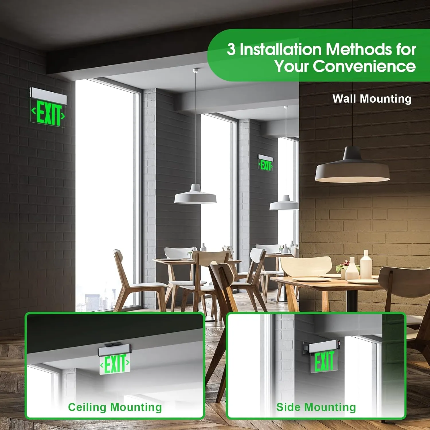 LED Edge Lit Exit Sign Aluminum Housing AC 120-347V Emergency Exit Light with Battery Backup Double Sided Acrylic Mirror Panel Commercial Exit Signs, Top/Side/Wall Mount, UL Certified (Green, 1 Pack)