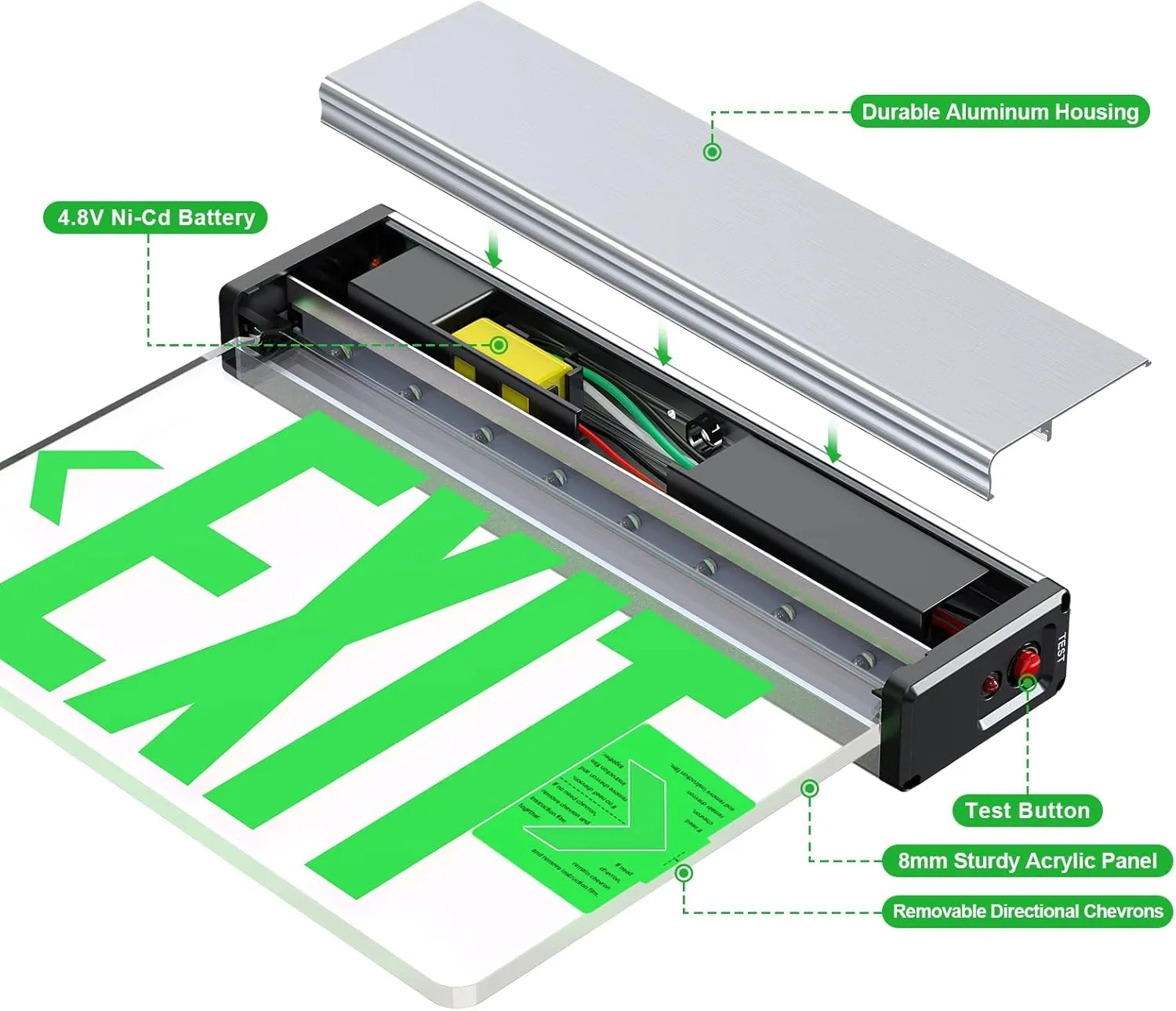 LED Edge Lit Exit Sign Aluminum Housing AC 120-347V Emergency Exit Light with Battery Backup Double Sided Acrylic Mirror Panel Commercial Exit Signs, Top/Side/Wall Mount, UL Certified (Green, 1 Pack)