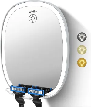 LED Shower Mirror Fogless for Shaving, Adjustable Shaving Mirror with Razor Holder, 3 Colors Dimmable Lighting, Wall-Mounted, Shatterproof Anti-Fog Bathroom Shower Mirror for Man