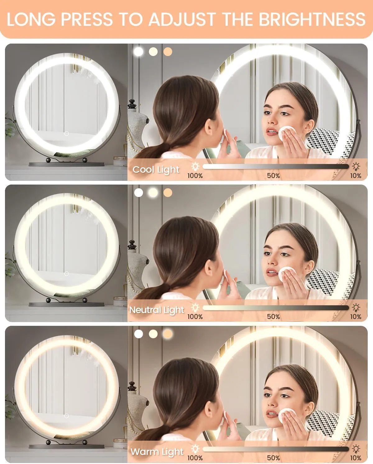 LED Vanity Mirror 19 Inch - Touch Control 3 Light Modes & Dimmable Makeup Mirror with 360° Rotation, for Bathroom & Bedroom, Black