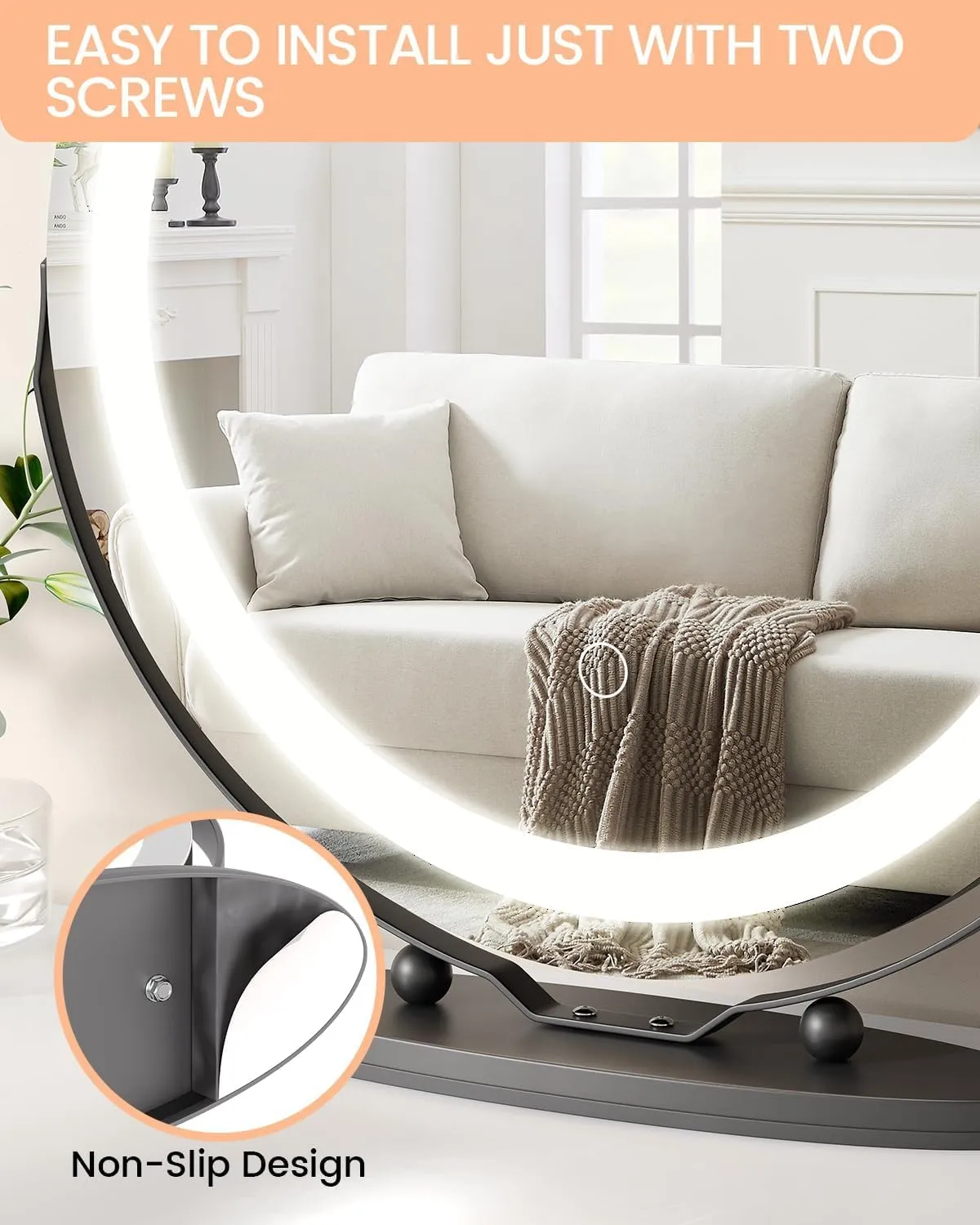 LED Vanity Mirror 19 Inch - Touch Control 3 Light Modes & Dimmable Makeup Mirror with 360° Rotation, for Bathroom & Bedroom, Black