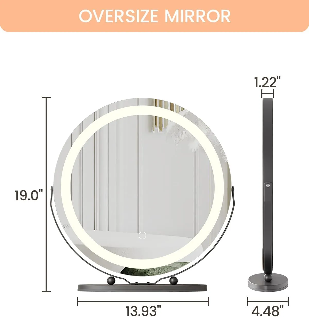 LED Vanity Mirror 19 Inch - Touch Control 3 Light Modes & Dimmable Makeup Mirror with 360° Rotation, for Bathroom & Bedroom, Black