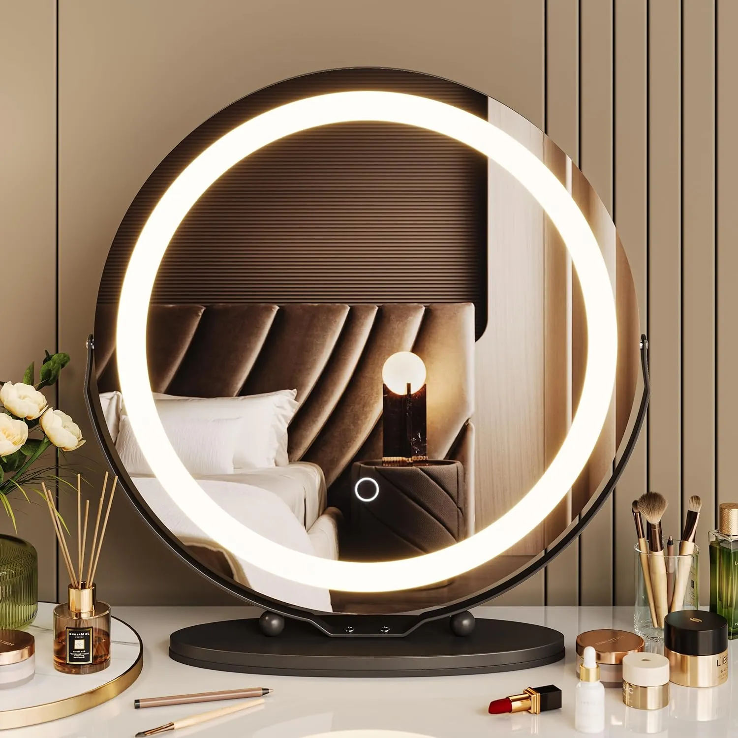 LED Vanity Mirror 19 Inch - Touch Control 3 Light Modes & Dimmable Makeup Mirror with 360° Rotation, for Bathroom & Bedroom, Black