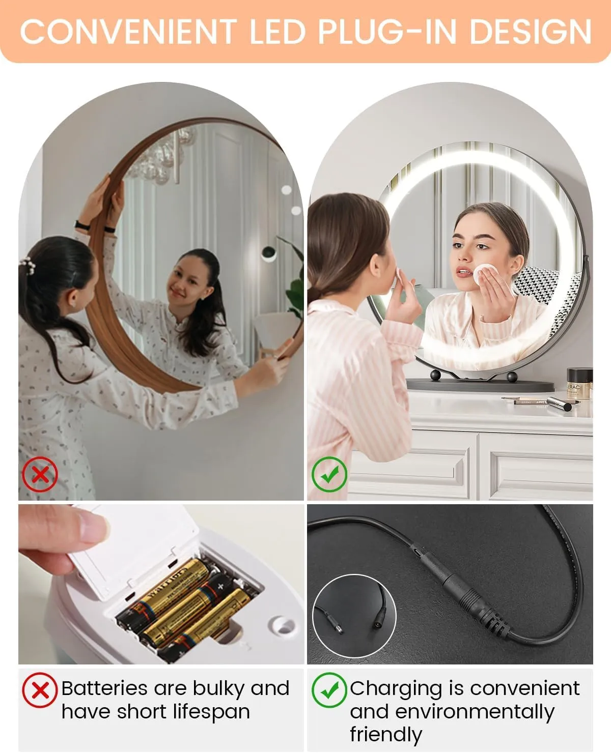 LED Vanity Mirror 19 Inch - Touch Control 3 Light Modes & Dimmable Makeup Mirror with 360° Rotation, for Bathroom & Bedroom, Black