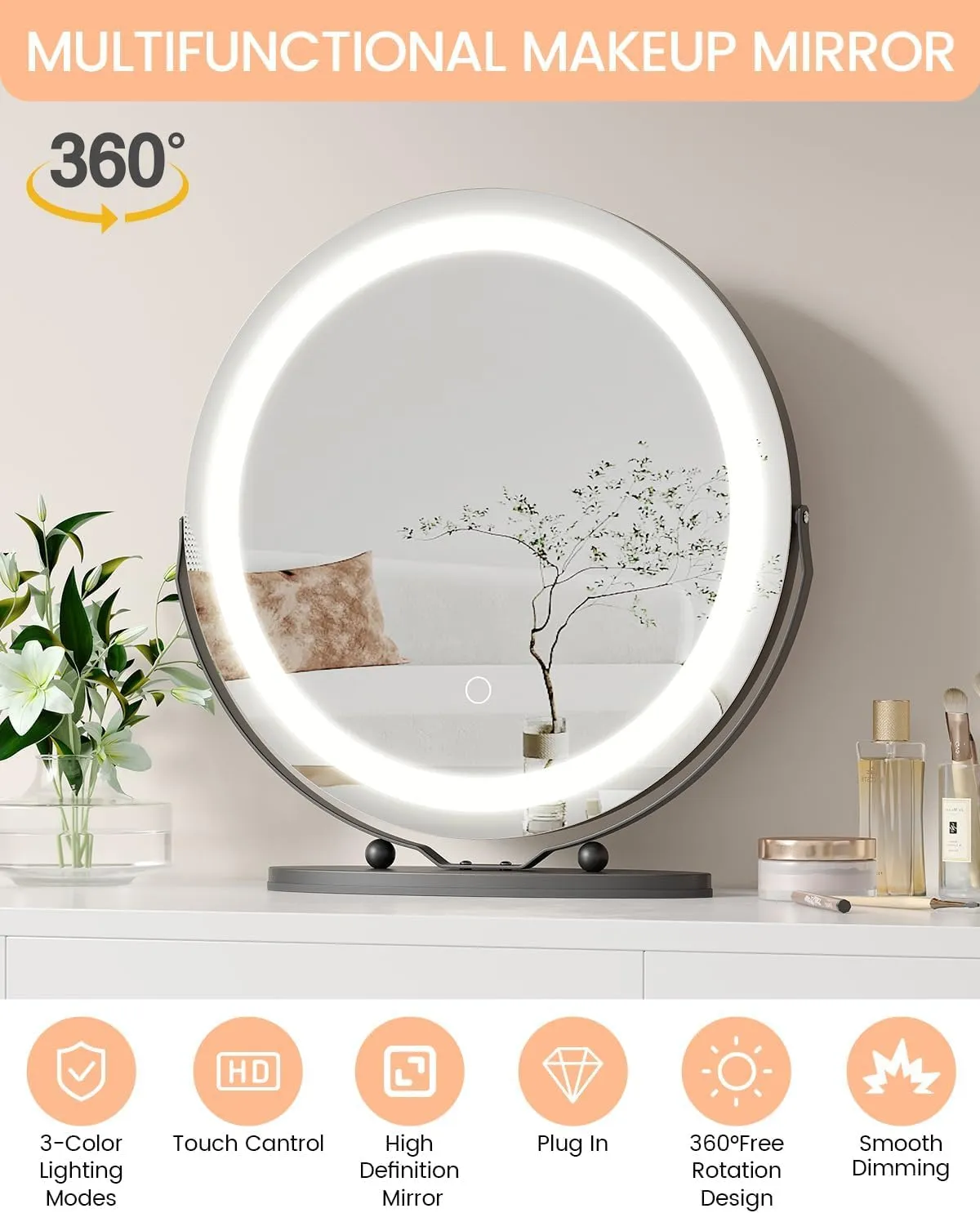 LED Vanity Mirror 19 Inch - Touch Control 3 Light Modes & Dimmable Makeup Mirror with 360° Rotation, for Bathroom & Bedroom, Black
