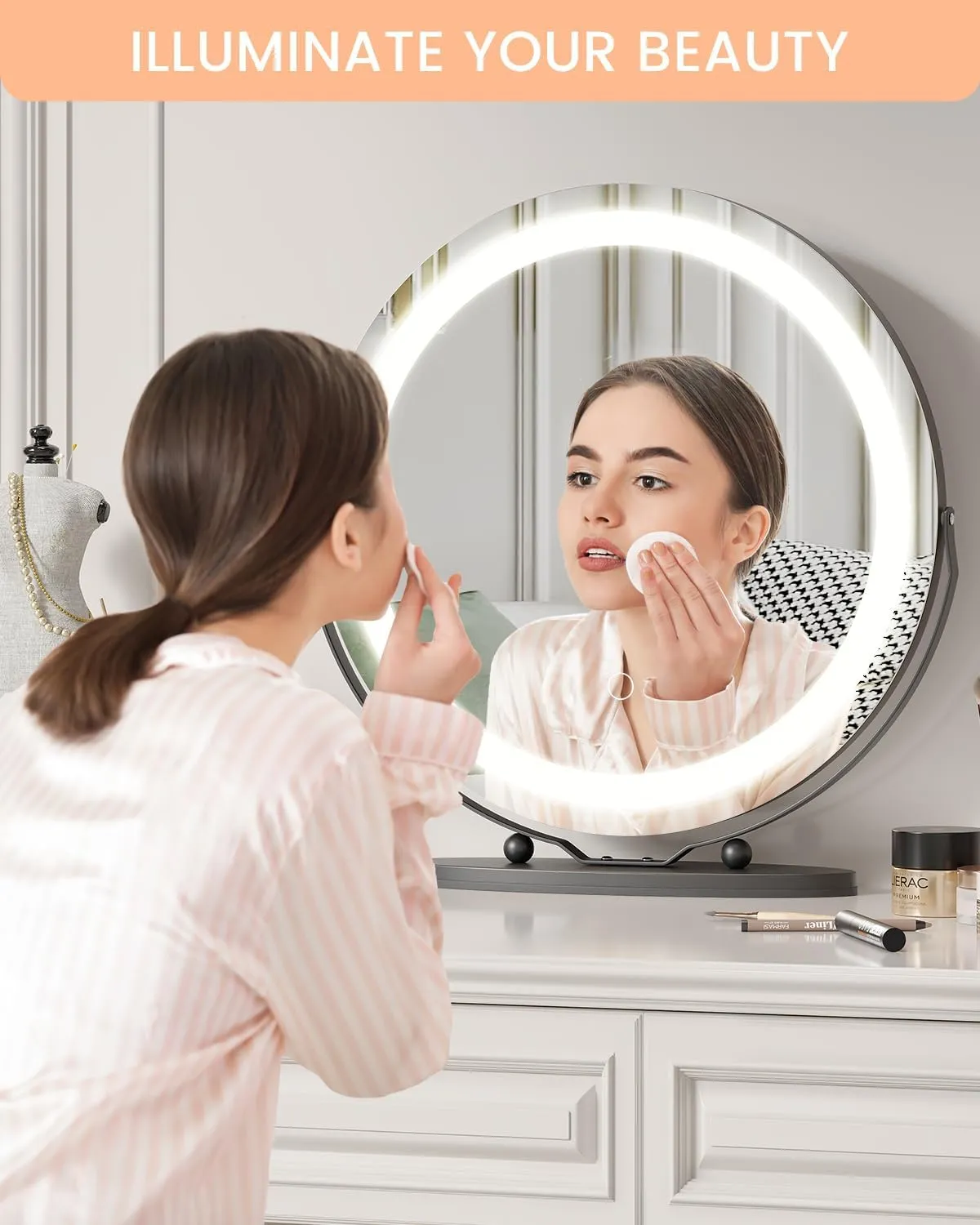 LED Vanity Mirror 19 Inch - Touch Control 3 Light Modes & Dimmable Makeup Mirror with 360° Rotation, for Bathroom & Bedroom, Black