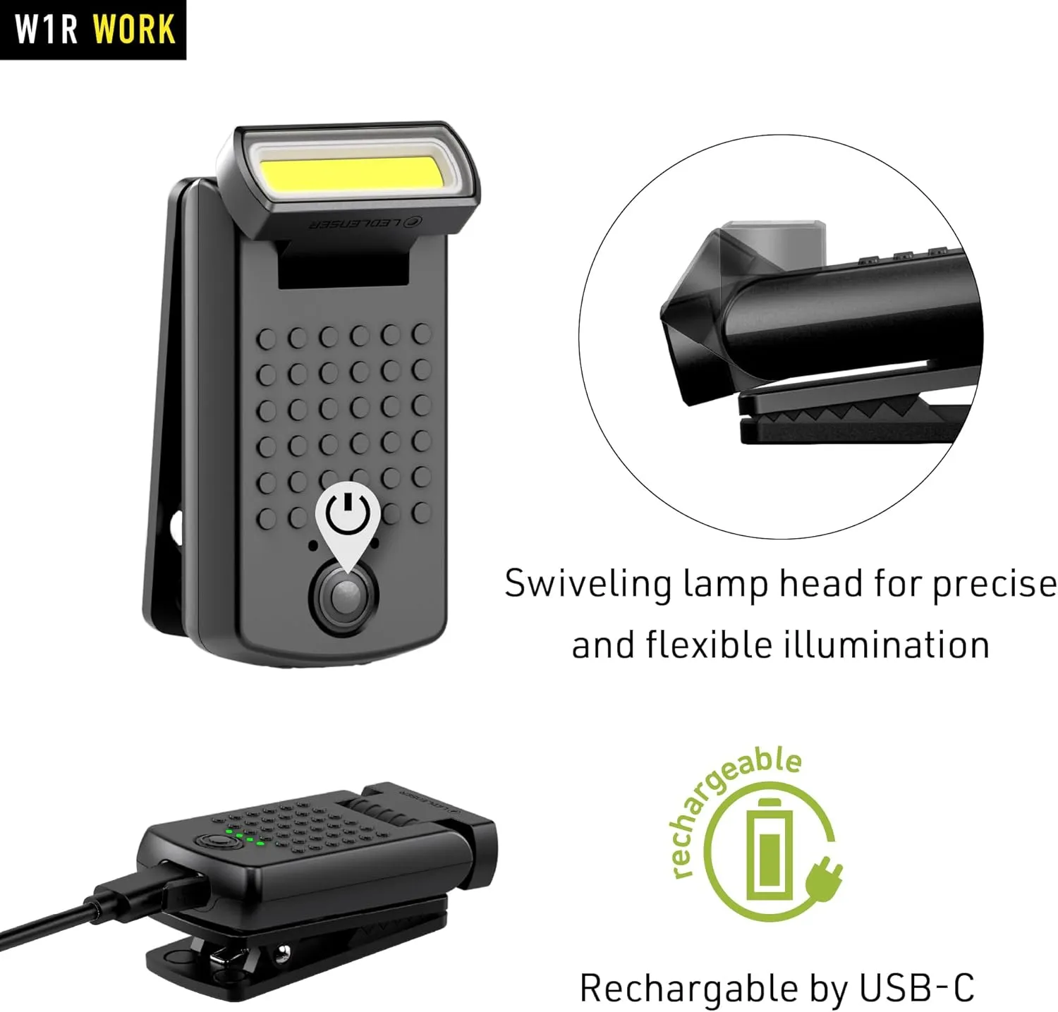 Ledlenser W1R Work Rechargeable Hands-Free Clip Flashlight, 220 Lumens, Compact