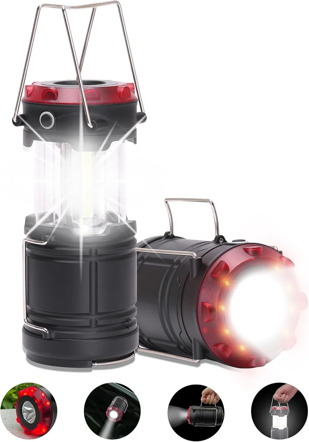Lichamp Collapsible 2-Pack Camping Lanterns, 300LM COB Light & 150LM Flashlight with Red Strobe/SOS, Magnetic Base, Battery-Powered for Hiking, Power Outages and Emergency