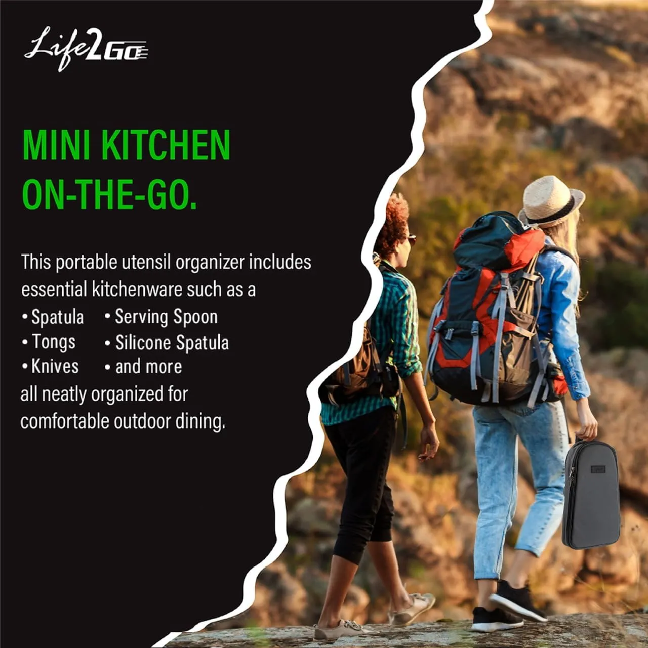 Life2Go 12 Piece Camp Cooking Utensil Set & Outdoor Kitchen Gear Cookware Kit, Portable Compact Carry Case for Camping, Hiking, Travel, BBQ Grilling Stainless Steel Accessories Spoon & Fork, Gray