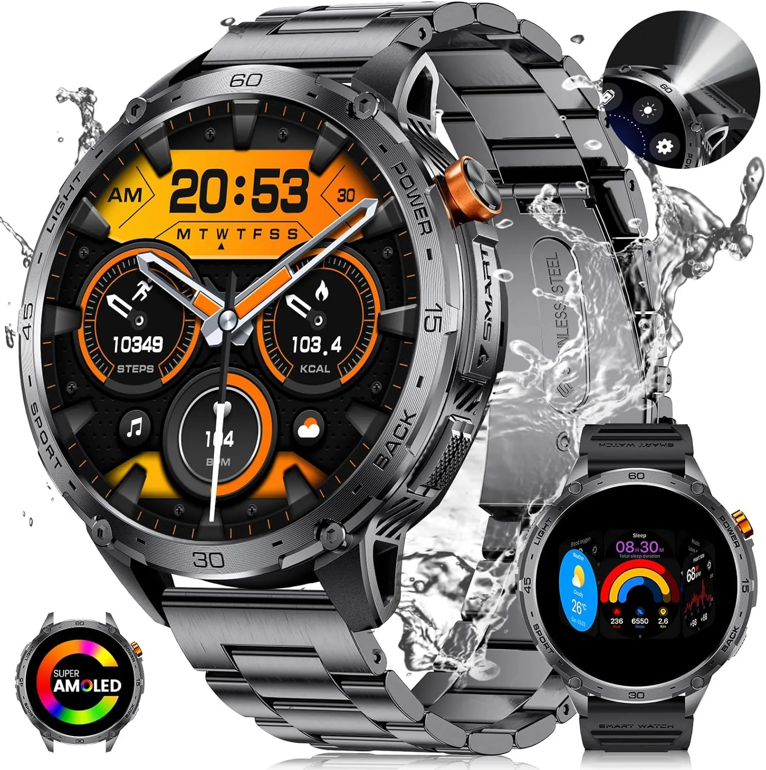LIGE 1.75" Super Large AMOLED Round Smart Watches for Men with LED Flashlights, Outdoor Military Smartwatch for Android iOS, 100  Sports, IP68 Waterproof, 200  Watch Faces, 730mAh, Black Metal Strap