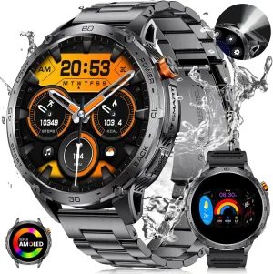 LIGE 1.75" Super Large AMOLED Round Smart Watches for Men with LED Flashlights, Outdoor Military Smartwatch for Android iOS, 100  Sports, IP68 Waterproof, 200  Watch Faces, 730mAh, Black Metal Strap