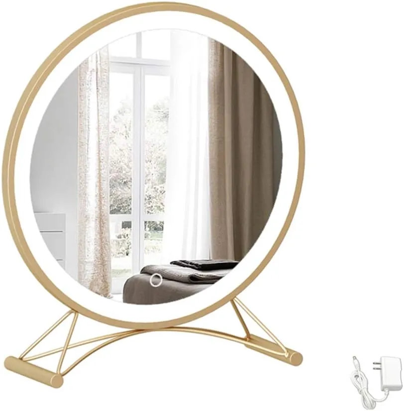 Light Luxury Vanity Mirror Desktop LED Illuminated Mirror Desktop Simple Modern Bedroom Fill Light Makeup Mirror Smart Touch stepless dimming Metal Paint Frame Champagne Gold 4652cm