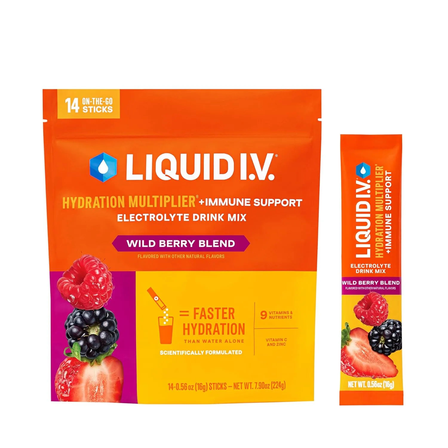 Liquid I.V.® Hydration Multiplier  Immune Support - Wild Berry Blend | Electrolyte Powder Drink Mix | 1 Pack (14 Servings)