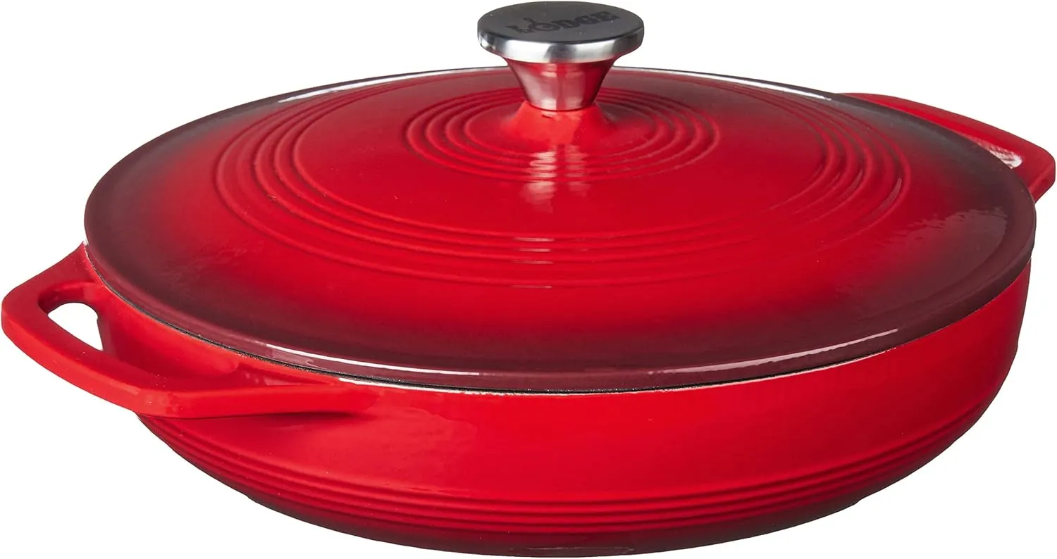 Lodge EC3CC43 Enameled Cast Iron Covered Casserole, 3-Quart, Island Spice Red & SCRAPERPK Durable Pan Scrapers, Red and Black, 2-Pack
