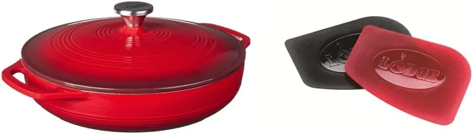 Lodge EC3CC43 Enameled Cast Iron Covered Casserole, 3-Quart, Island Spice Red & SCRAPERPK Durable Pan Scrapers, Red and Black, 2-Pack
