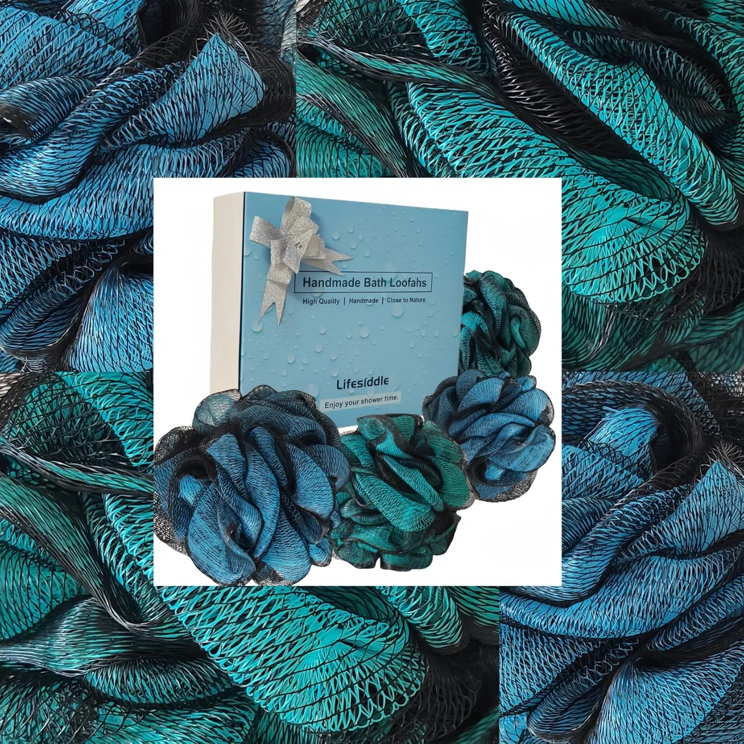 Loofah-Bath Sponge Set-Large, 4 Pack Bath Scrubbers, Soft Mesh Blue and Green Puff-Cleansing Body Scrub for Men and Women: Skin Soothing Exfoliation Tools (Jewel Colors-Blue、Green-60g)